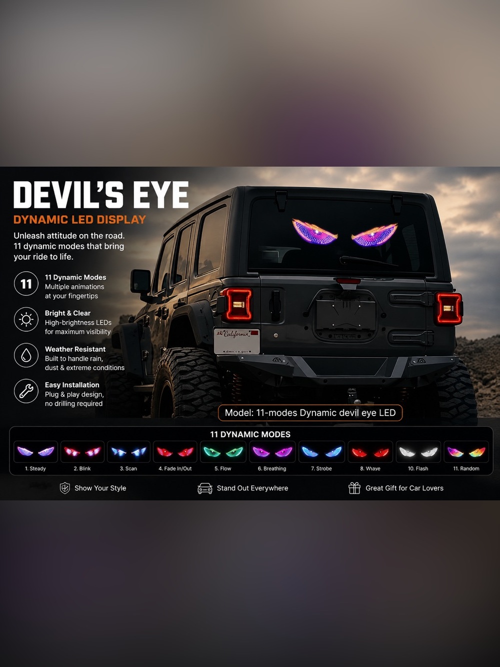 11 Mode LED Devil Eye Rear Window Display Car Truck SUV USB RGB Light Sign
